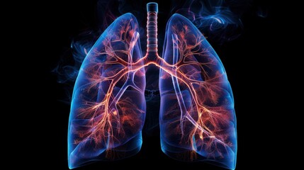 Vivid and highly detailed digital visualization of human lung anatomy showcasing respiratory system with highlighted bronchial pathways and vascular structures