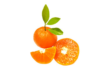 tangerine with leaves isolated on white background.