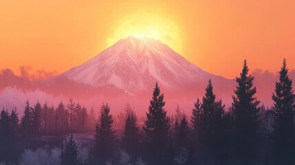 Fototapeta premium Snow-capped Mount Fuji in winter, surrounded by frost-covered trees and a vibrant orange sunrise.