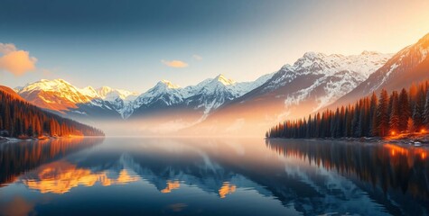 Serene Mountain Reflections: A breathtaking panorama of snow-capped mountains reflected in a still, misty lake, bathed in the golden hues of a vibrant sunrise.