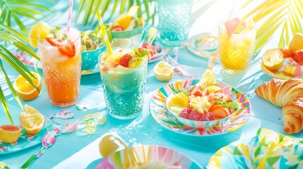 Vibrant tropical drinks and colorful fruits on a sunny table setting.