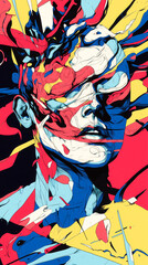 An illustration depicting the mind of an artist dreaming. Colours swirl across the subjects face, sleep and dreams bringing new creative inspiration.