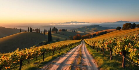 Fototapeta premium Golden Hour Vineyard: A winding dirt road cuts through rows of lush grapevines, leading towards a breathtaking sunset over rolling hills. The warm.