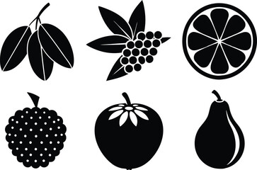 6 Vector Silhouette Fruits Icon Set - Minimalist Fruit Clipart Collection