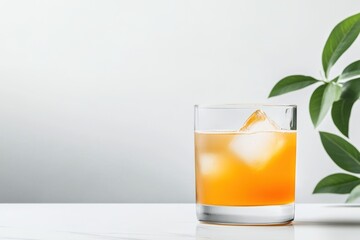 summer beverage concept, glass filled with guava drink and ice cubes on a white countertop, with abstract artwork in the background, perfect for text