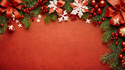 Christmas background with bright red and burgundy colors, decorated for the holiday season.