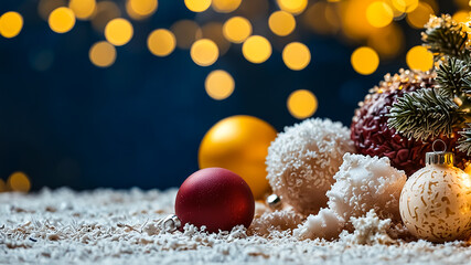 Christmas background with red and gold ornaments on sparkling white snow in foreground bokeh lights.