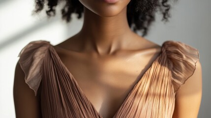 Close-up of a pleated beige dress with ruffled sleeves in soft sunlight