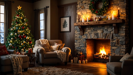 Cozy Holiday Living Room With a Stone Fireplace