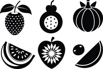 6 Vector Silhouette Fruits Icon Set - Minimalist Fruit Clipart Collection