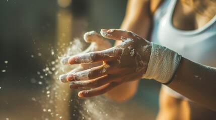 Close up on hands in magnesia powder of unrecognizable female gymnast putting on sweatband to protect wrist while preparing to practice bar routines in gym, copy space