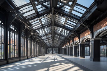 Obraz premium A spacious, modern interior featuring large glass windows and industrial architecture.