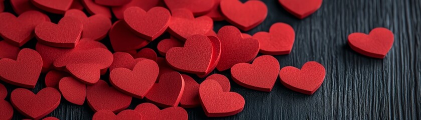 Obraz premium A vibrant collection of red heart shapes scattered on a dark wooden surface.