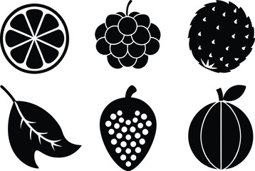 6 Vector Silhouette Fruits Icon Set - Minimalist Fruit Clipart Collection
