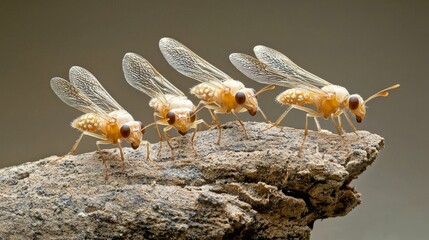 forestry industry concept. Four tiny insects with wings perched on a textured log, showcasing intricate details.