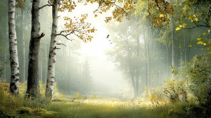 Naklejka premium forestry industry concept. Serene forest scene with mist and sunlight filtering through trees.