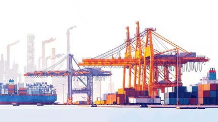 Fototapeta premium A vibrant illustration of a busy shipping port with cranes and containers.