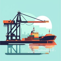 A vibrant illustration of a cargo ship docked at a modern port with cranes.
