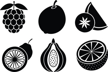 6 Vector Silhouette Fruits Icon Set - Minimalist Fruit Clipart Collection