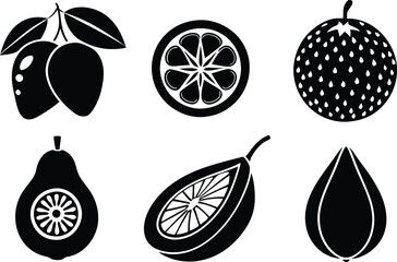 6 Vector Silhouette Fruits Icon Set - Minimalist Fruit Clipart Collection