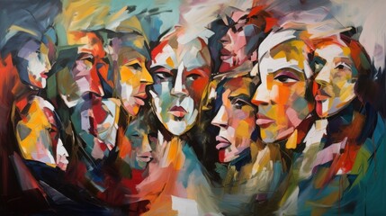 Abstract colorful painting of multiple faces. (1)