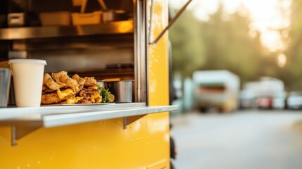 A vibrant yellow food truck is parked, serving a variety of delectable street food offerings including burgers and crispy snacks, popular among locals and tourists alike.
