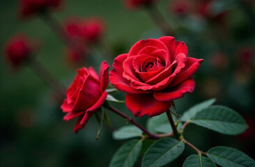 Bush large red roses, blooming flower outside in garden, close-up. AI Generative