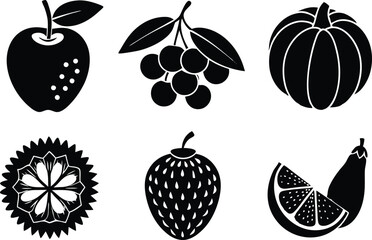 6 Vector Silhouette Fruits Icon Set - Minimalist Fruit Clipart Collection