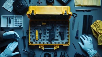 Top view background image of toolkit case and equipment of police and forensic scientists working at crime scene, copy space