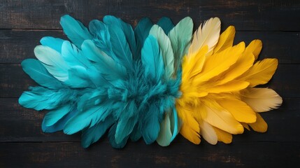 An array of feathers in blue, teal, and yellow are artistically arranged on a dark wooden surface, highlighting their rich textures and vibrant colors.