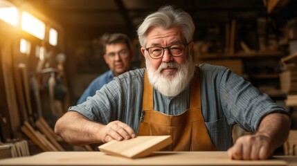 experienced carpenter in a dusty workshop carefully sands a wooden piece while a younger colleague looks on attentively. Light streams through the windows, enhancing the atmosphere