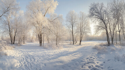 Obraz premium Beautiful winter landscape with forest, trees, lake, capturing the quiet beauty of winter in forest, abstract snow background in forest.