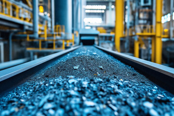 Conveyor belt transporting dark material in industrial processing facility. Generative AI