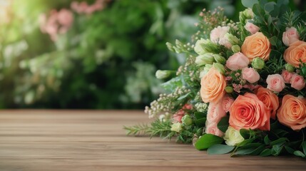 stunning collection of vibrant roses in shades of orange and pink, accompanied by lush greenery, rests elegantly on a rustic wooden table with gentle sunlight illuminating the arrangement