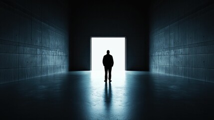 Lone Figure in Dark Hallway with Bright Light