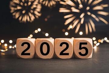 New Year's Eve 2025: Wooden blocks spelling out the year 2025, illuminated by fairy lights and a breathtaking display of fireworks in the background. A symbolic representation of hope, new beginnings.