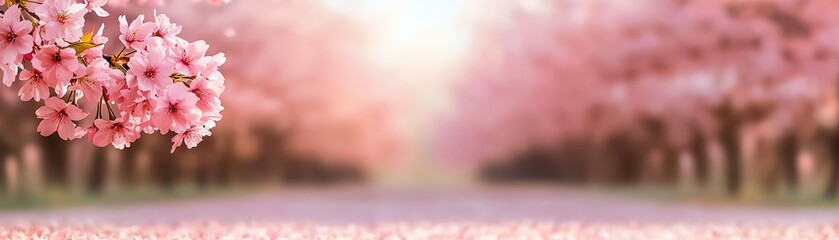 Beautiful cherry blossom trees in full bloom along a serene pathway during spring.