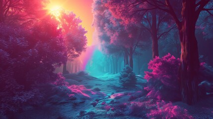 Mystic Sunset Over Serene Fantasy Forest.