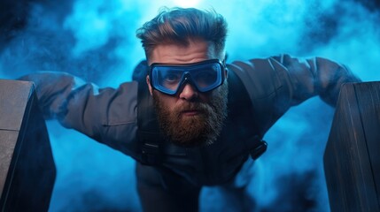 focused individual with a beard dons goggles and a wetsuit, ready for an underwater expedition