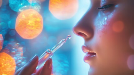 Obraz premium Close-Up of a Young Woman Applying Serum with Dropper in a Dreamy Bokeh Background, Emphasizing Beauty and Skincare Routine
