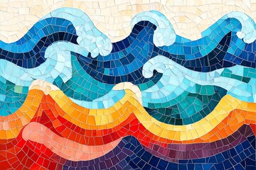 Colorful mosaic artwork depicting vibrant ocean waves in flowing patterns.