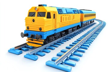 Fototapeta premium Colorful toy train with blue and yellow design on railway tracks.