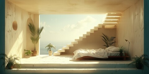 Minimalist coastal retreat with serene ocean view, featuring white staircase, lush green plants, and an elegant bed bathed in warm sunlight