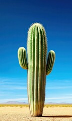 Lonely Cactus in the Desert with Sharp Spines and Blue Sky