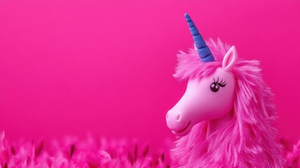 Pink Fluffy Unicorn on Pink Background with Copy Space