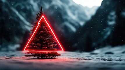 Brightly lit tree triangle design against a snowy mountain backdrop for a festive holiday music playlist