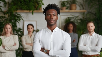 diverse group of professionals stands together in a modern office setting, showcasing confidence and teamwork. Indoor plants enhance the workspaces aesthetic, promoting creativity and focus