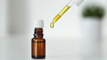 Close-Up View of Essential Oil Dropper Bottle with Pipette Dispensing Golden Liquid Essential Oil on Light Background