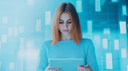 Engaging digital interaction of a young woman with a tablet in a futuristic tech environment