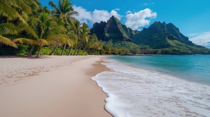 Golden sands meet gentle waves as palm trees sway under a bright blue sky. Lush green mountains rise in the background, creating a tranquil coastal setting